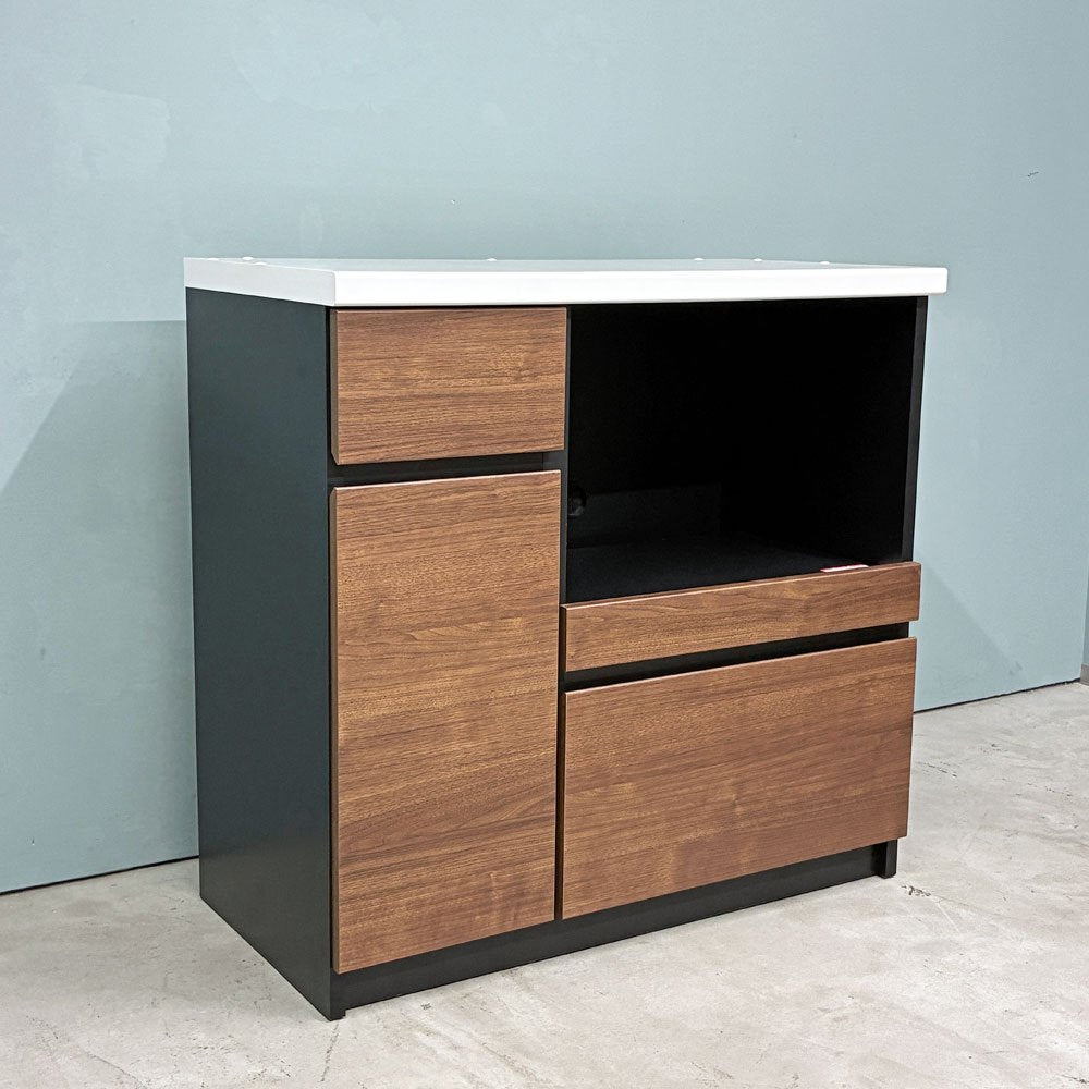 ベルメゾン Belle Maison キッチンボード W88cm ウォールナット調 レンジボード キッチン収納 モダンデザイン キッチンキャビネット 美品 ◎