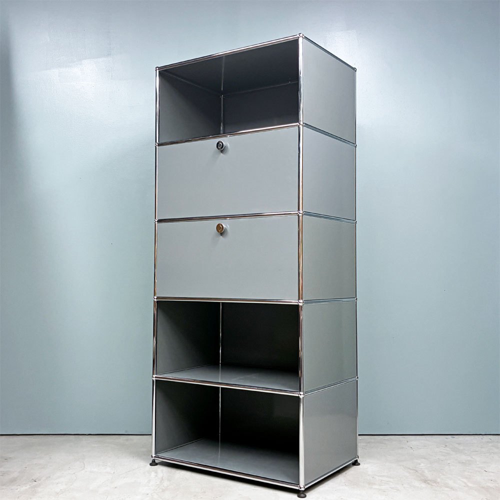 USMハラー USM Haller モジュラーファニチャー キャビネット シェルフ 1列5段 ミッドグレー ドロップダウンドア×2 モダンデザイン スイス ◎