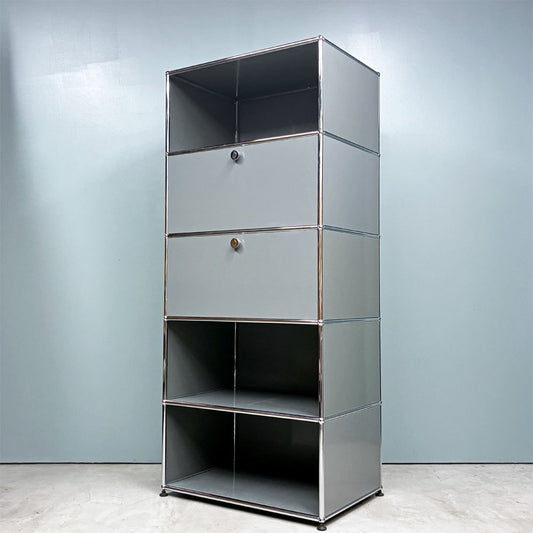 USMハラー USM Haller モジュラーファニチャー キャビネット シェルフ 1列5段 ミッドグレー ドロップダウンドア×2 モダンデザイン スイス ◎