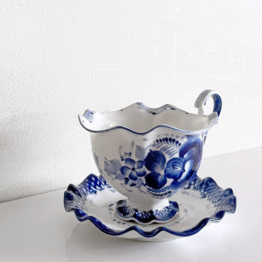 グジェリ陶器 カップ＆ソーサー C&S コバルトブルー 藍色 ホワイト ロシア B ■