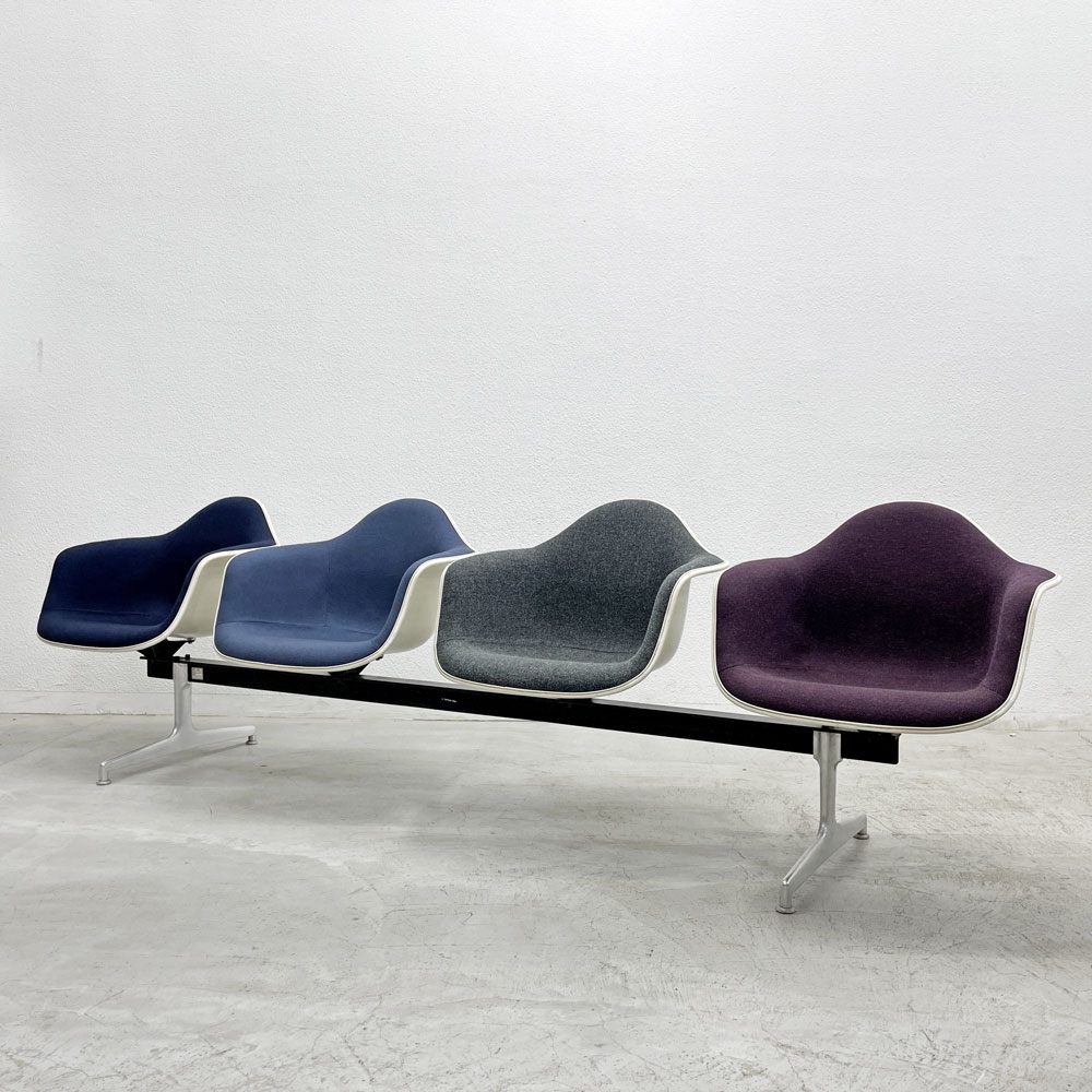 ハーマンミラー Herman Miller ビンテージ エアポートベンチ タンデムシート 4連 アームシェル 2nd ファブリック 新品張替え済 イームズ 希少 ネイビー・ブルーグレー・グレー・パープル C〓