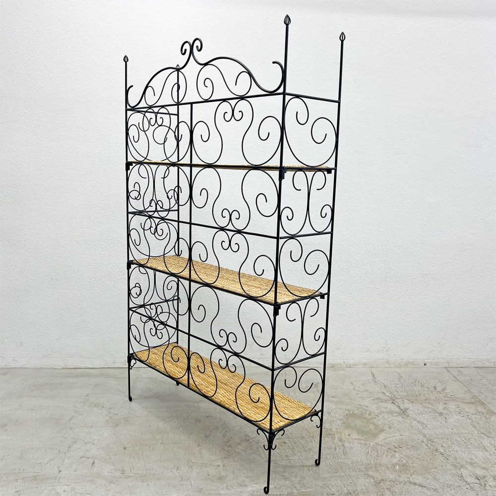 ロートアイアンｘラタン クラシカルデザイン シェルフ 3段 棚板着脱可能 フォールディング 折畳 籐 アンティーク調 店舗什器 〓