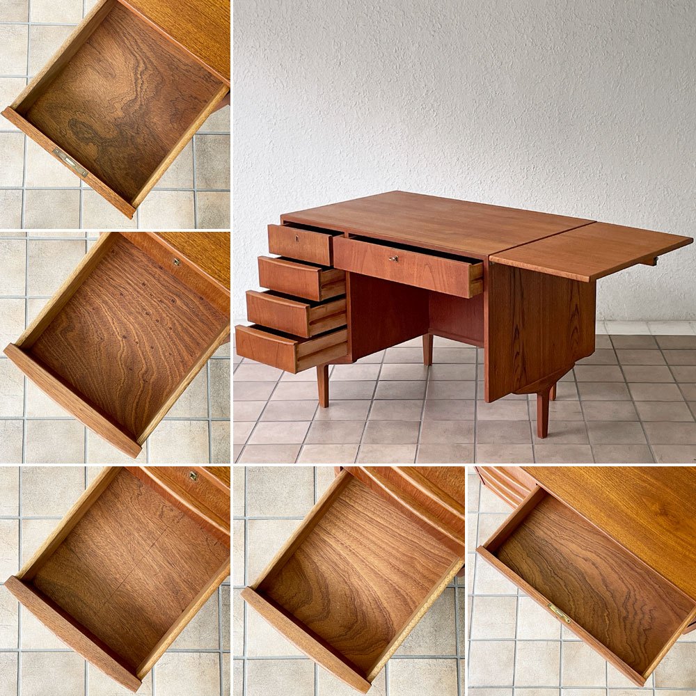 北欧ビンテージ Scandinavian Vintage チーク材 デスク 片袖机 5ドロワー 片バタフライ 北欧家具 デンマーク ◇