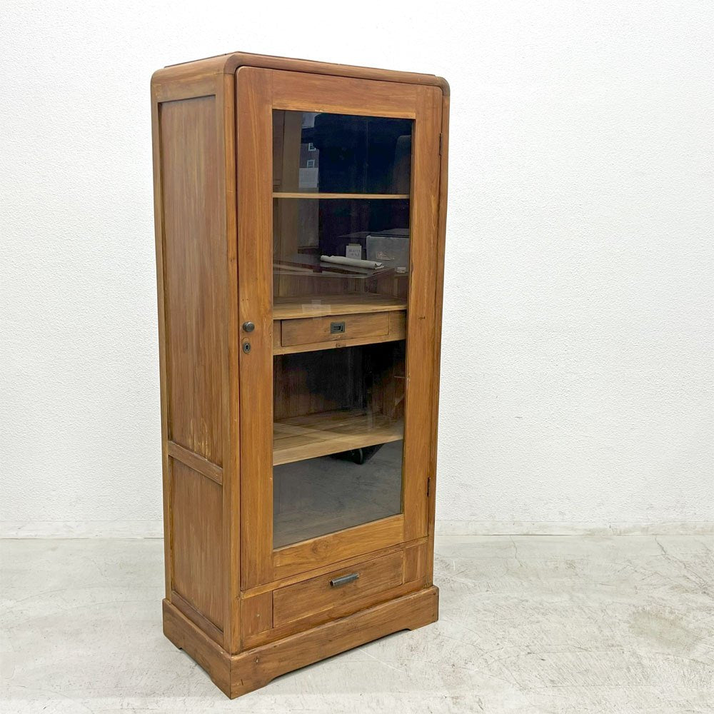 オールドメゾン old maison ガラスキャビネット 2ドロワー 収納棚 W81cm 後付けLED照明 ディスプレイ 店舗什器 ビンテージデザイン 〓