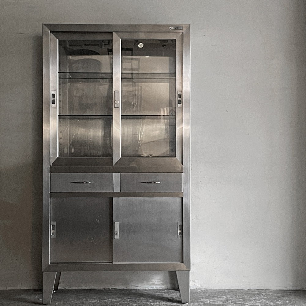 ユヤマ YUYAMA 医療用 ステンレス ケビント ドクターキャビネット ガラスキャビネット 戸棚 飾り棚 W90cm 店舗什器 インダストリアルデザイン  ■