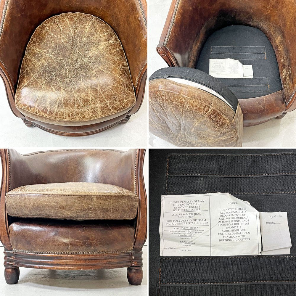 ハロ HALO デコ タブ チェア DECO TUB CHAIR ラウンジチェア 1人掛けソファ 本革 ラバーウッド ビンテージ加工 鋲打 アスプルンド取扱い 現状品 ●