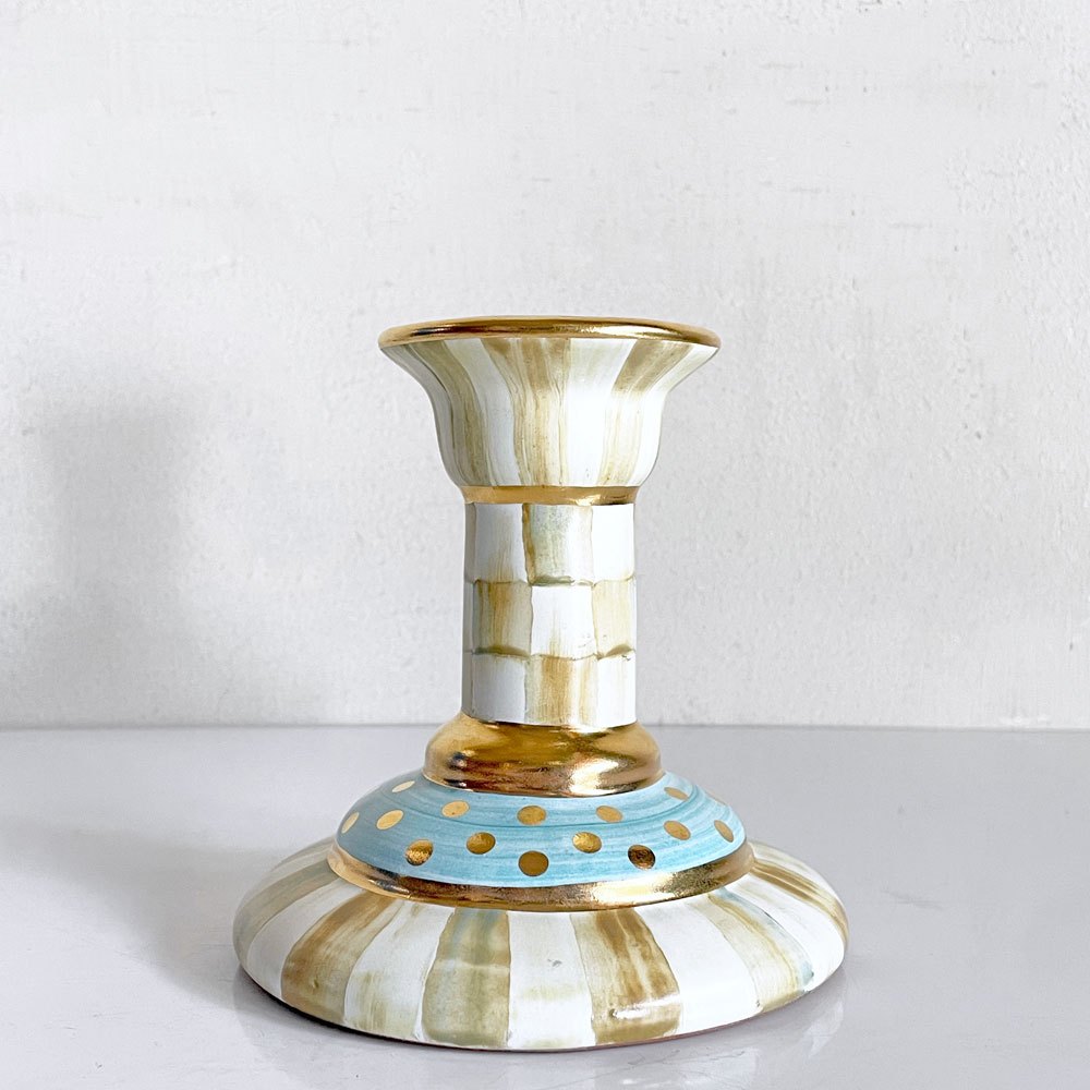 マッケンジーチャイルド Mackenzie-Child コートリーチェック柄 キャンドルスティック Candlestick 金彩 陶器 アメリカ A ■