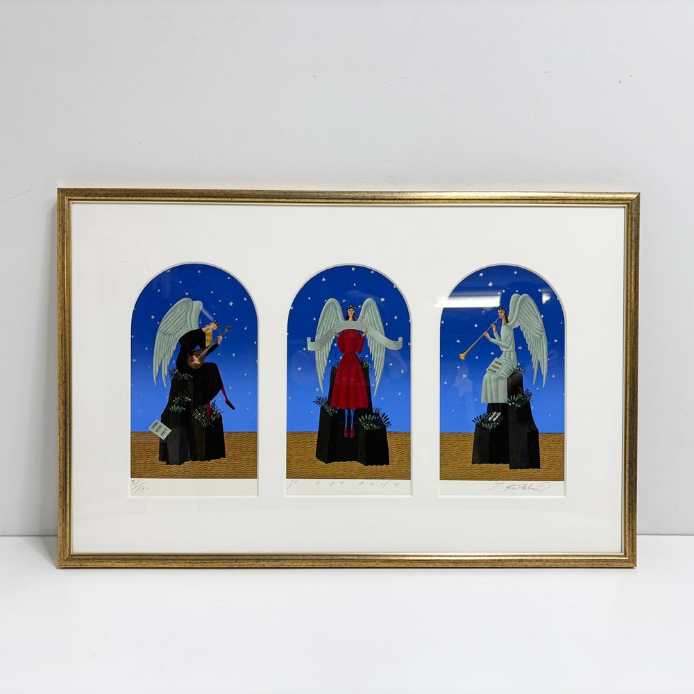 北見隆 シルクスクリーン 夜の調べ SERENADE 71.5×46.5cm 51/130 額装品 ●