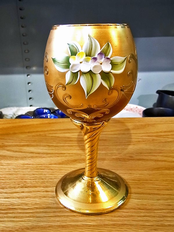 イタリア ヴェネツィアングラス ムラーノ 金彩 花柄 ワイングラス ゴブレット E ●