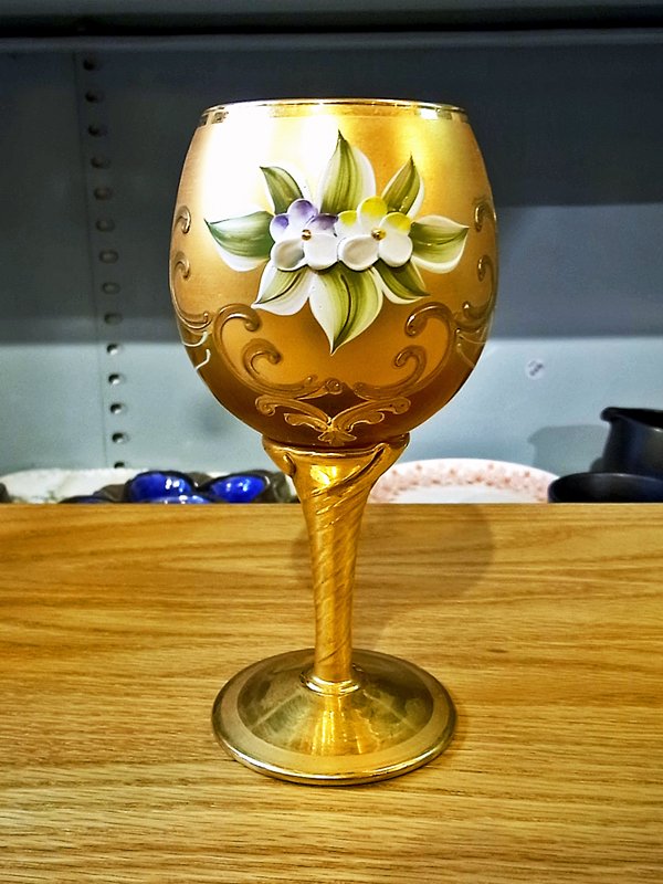 イタリア ヴェネツィアングラス ムラーノ 金彩 花柄 ワイングラス ゴブレット F ●