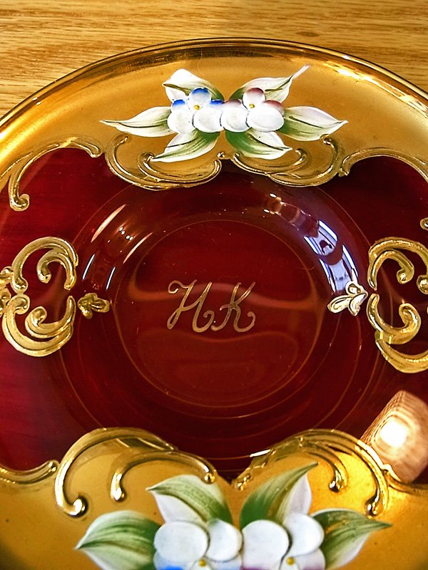 イタリア ヴェネツィアングラス ムラーノ 金彩 花柄 C＆S D ●