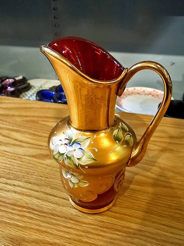 イタリア ヴェネツィアングラス ムラーノ 金彩 花柄 ジャグ/花器 ●