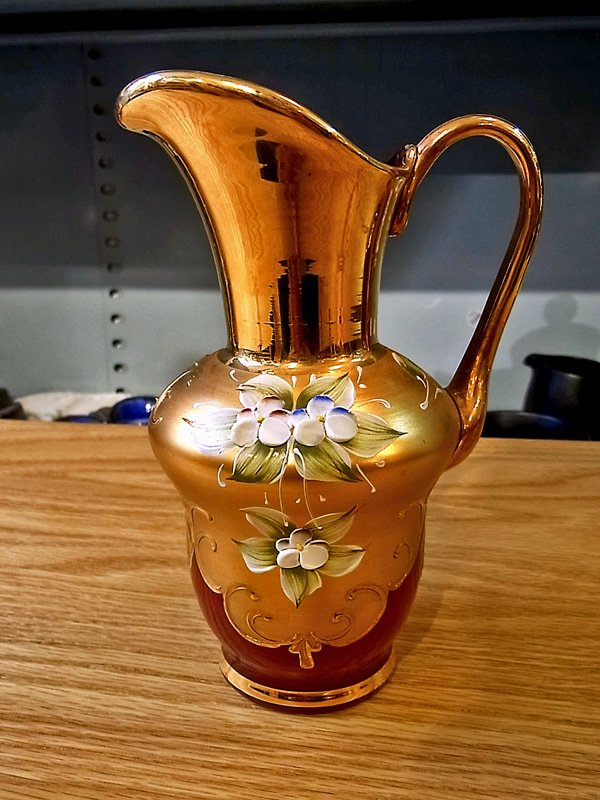 イタリア ヴェネツィアングラス ムラーノ 金彩 花柄 ジャグ/花器 ●