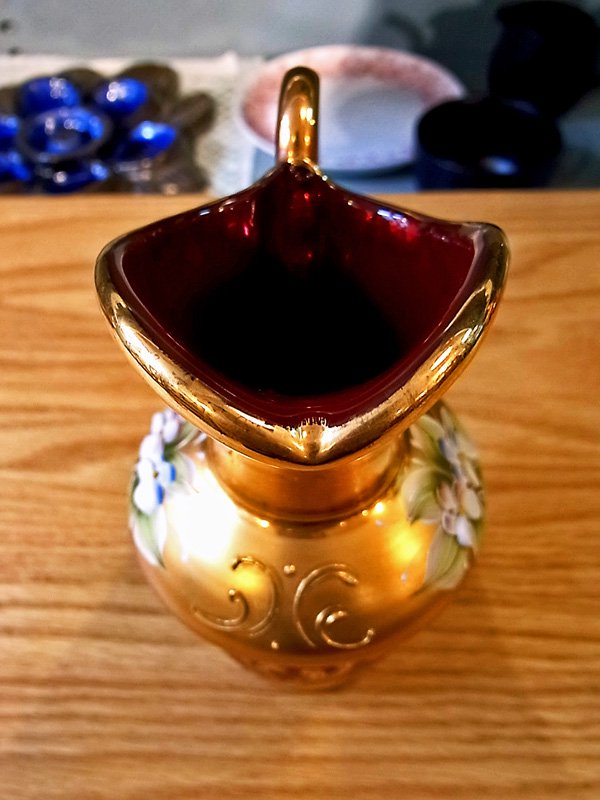 イタリア ヴェネツィアングラス ムラーノ 金彩 花柄 ジャグ/花器 ●