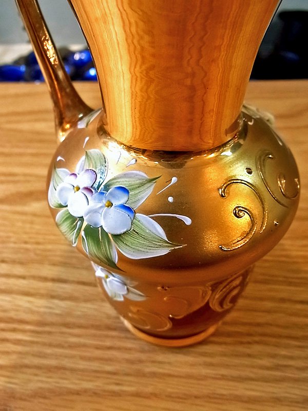 イタリア ヴェネツィアングラス ムラーノ 金彩 花柄 ジャグ/花器 ●