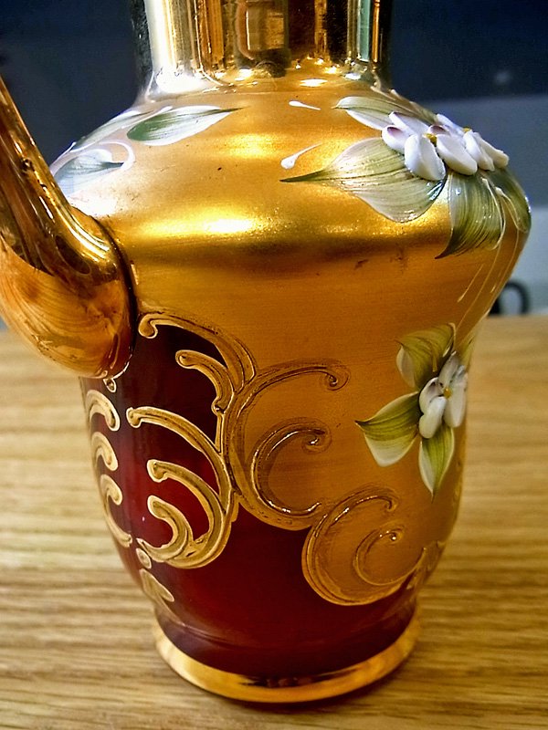 イタリア ヴェネツィアングラス ムラーノ 金彩 花柄 ジャグ/花器 ●