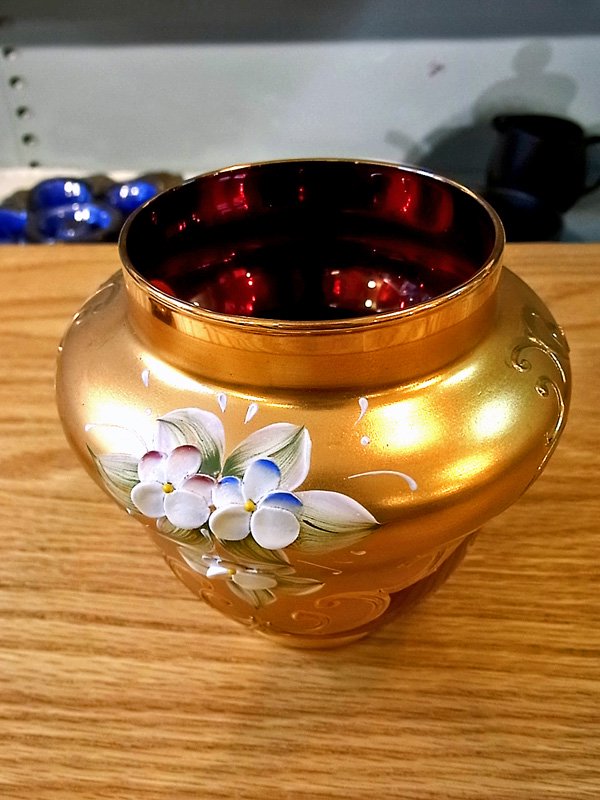 イタリア ヴェネツィアングラス ムラーノ 金彩 花柄 シュガーポット ●