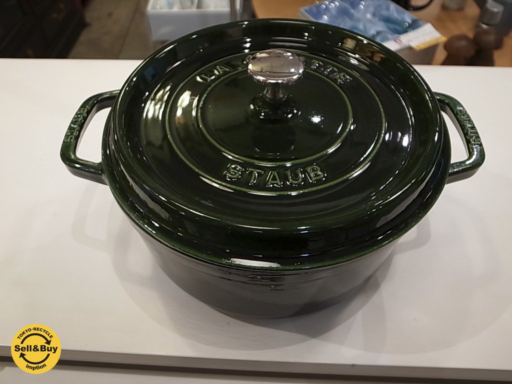 STAUB ストウブ ピコ ココット ラウンドフォルム 24㎝ グラファイト バジルグリーン France■