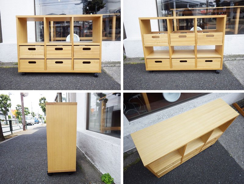 タモ材 オープンラック & 引き出し収納 3×3 キャスター付き ◇