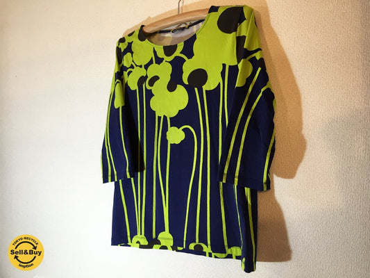 マリメッコ marimekko Puro / TENO 七分袖 カットソー ネイビー × ネオングリーン ◎