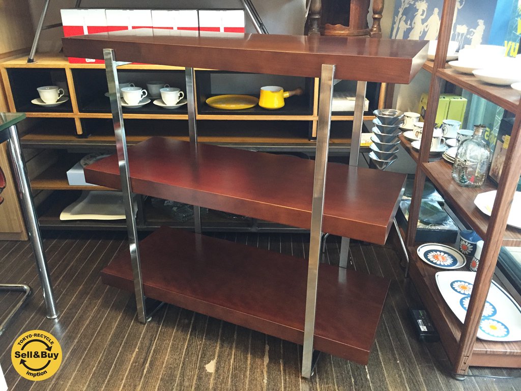 シンプルモダンスタイル チェリー材 × スチール 3段 オープンラック シェルフ ◎