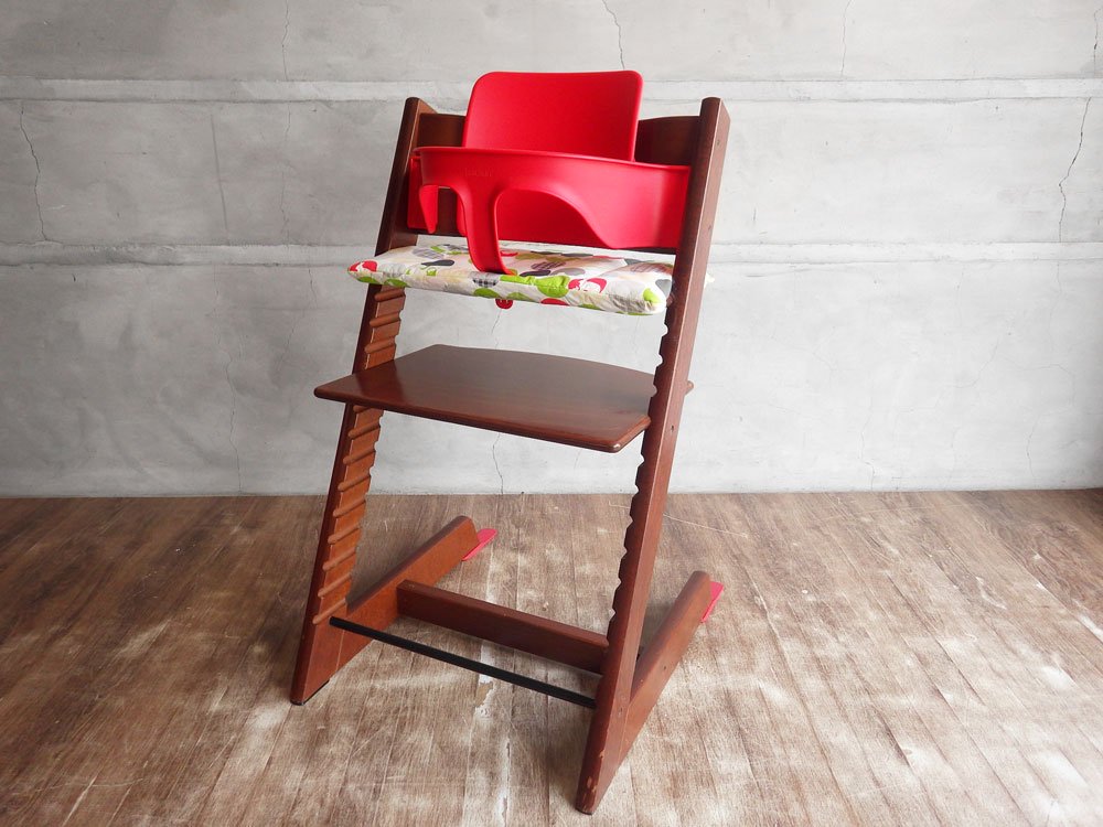 ストッケ STOKKE トリップトラップ TRIPP TRAPP ベビーチェア キッズチェア ブラウン プラスチックガード＆背もたれ&座クッション&延長グライダー付き S/N4～ 北欧 ノルウェー ♪