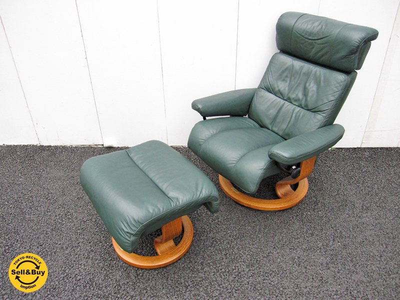 ノルウェー EKORNES / エコーネス社 " Stressless " 希少廃盤 受注生産 上位機種 美品 『 Safe / セーフ （ D.グリーン ） 』 ＋ オットマン ・ 取説完備 ★