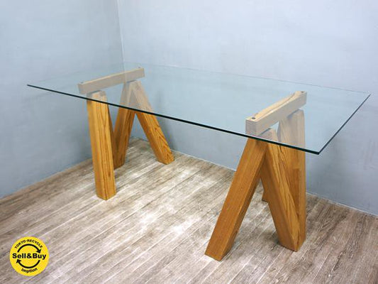 ブランド不明 ガラス X パイン材無垢材 デザイン ダイニングテーブル ●