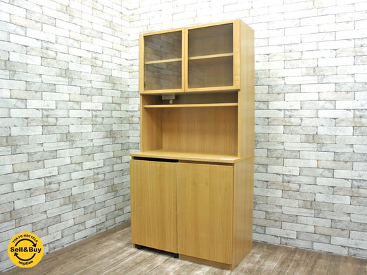 無印良品 MUJI タモ材 ナチュラル 木製カップボード ワゴン付き キッチンボード 食器棚 ■