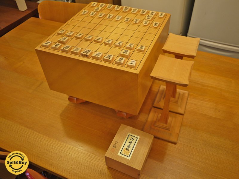 山上作 彫駒 将棋セット 将棋盤厚み17.7cm 駒台 ◎