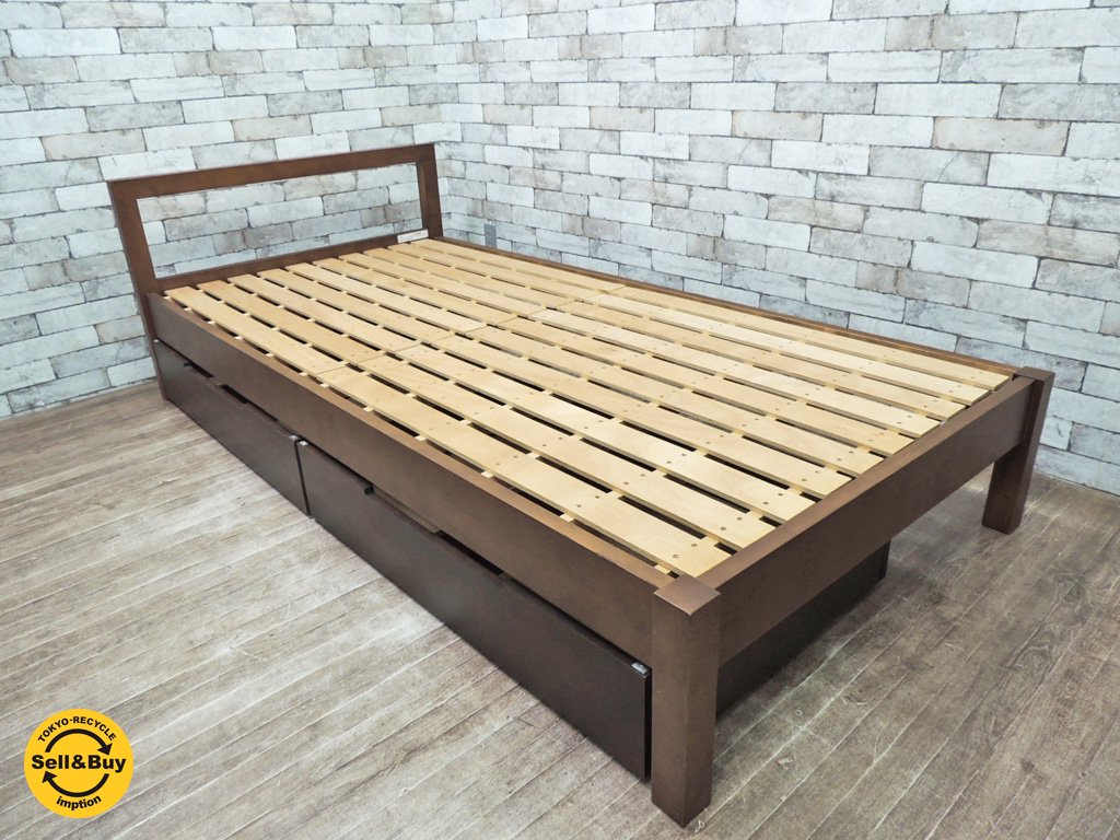無印良品 MUJI バーチ材 シングルサイズ 木製ベッドフレーム ブラウン ベッド 引き出し収納付 ●