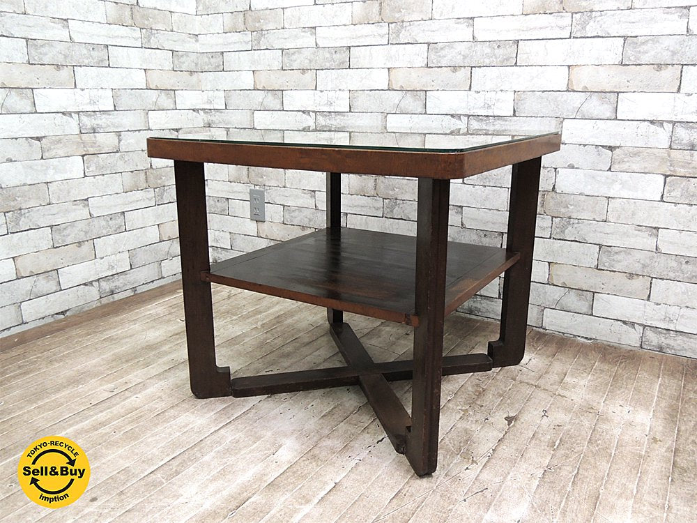 ジャパンビンテージ ガラストップ 木製 サイドテーブル ランプテーブル レトロ家具 アンティーク ブロカント ●