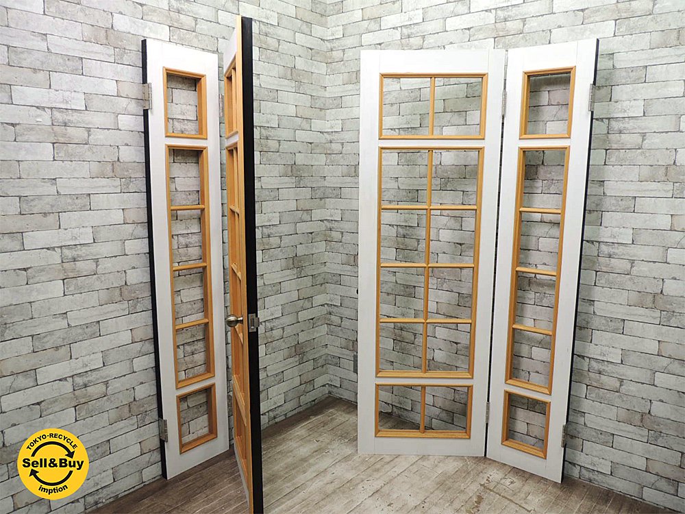 木製開き扉セット ペイントドア ガラス無しの格子戸 ドアノブ付 白黒 W205xH198cm 建具 ドア 扉 ●