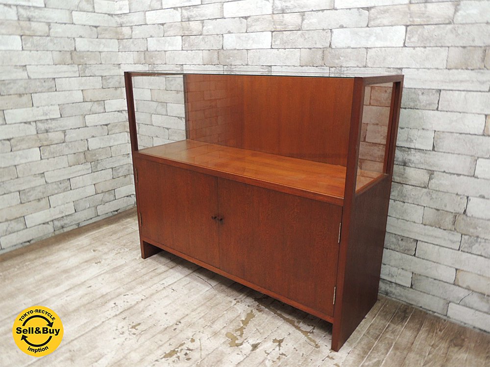 チーク材 オーダーメイド ショーケース ディスプレイケース 陳列棚 模型展示 店舗什器4面ガラス ●