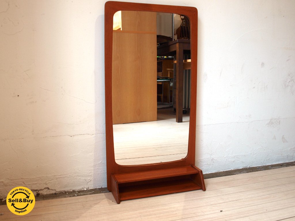 北欧ビンテージ Vintage チーク材 ウォールミラー with シェルフ Wallmirror with shelf Teakwood 鏡 ★