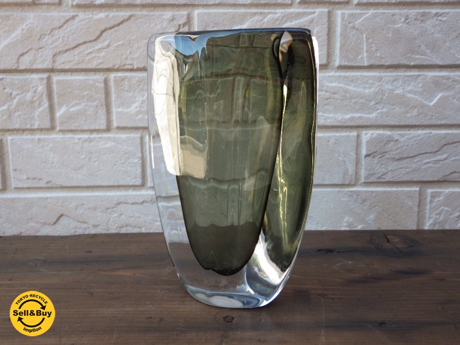 オレフォス Orrefors ニルス・ランドバーグ Nils Landberg フラワーベース 花瓶 "Sommerso" Glass Vase #NU3538/7 50s ●