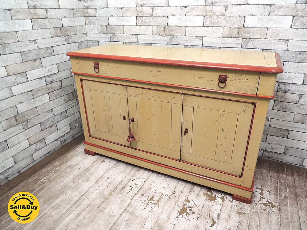 フランス ビンテージ ペインテッド 木製 サイドボード ショップカウンター W129cm シャビーペイント 店舗什器 カントリー ■