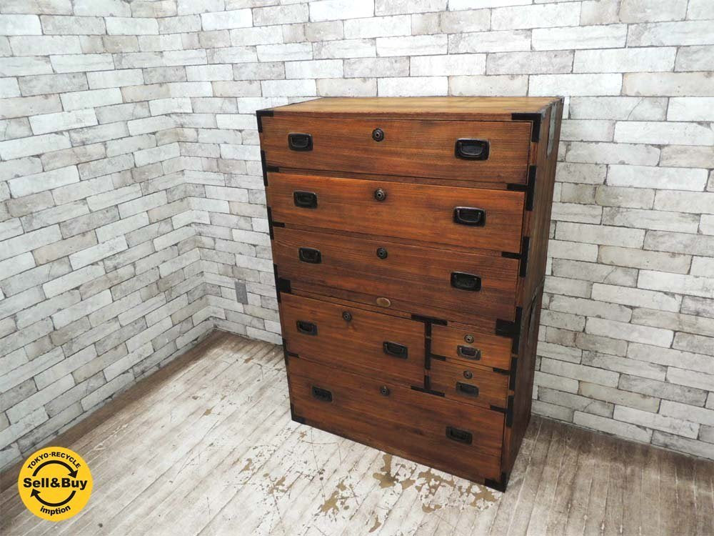 桐箪笥 桐タンス 重ね 7杯抽斗 古家具 時代箪笥 整理箪笥 伝統工芸 ●