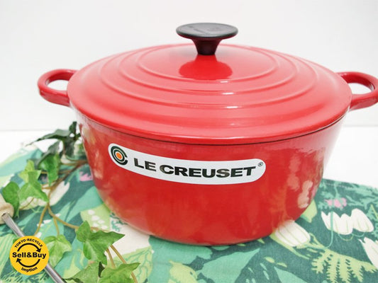 ルクルーゼ LE CREUSET ココットロンド キャセロール Φ 24cm チェリーレッド 箱付 ●