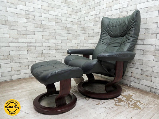 エコーネス EKORNES ストレスレス チェア Stressless ウイング プラス WING PLUS オットマン付き グリーン レザー ●