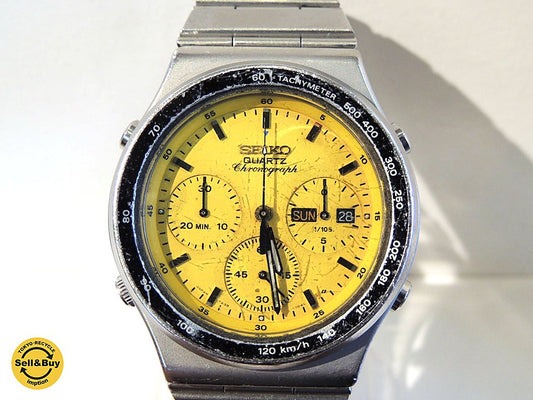 セイコー SEIKO 1983年製 スピードマスター 7A38-701B 希少イエローダイヤル 海外版 SQ刻印バックル 1/20秒クロノグラフ デイデイト ●