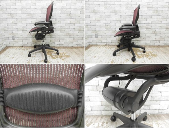 ハーマンミラー Herman Miller アーロンチェア Aeron Chair ランバーサポート Bサイズ グラファイトベース クラシックカーボン フル装備 レッド系カラー ●