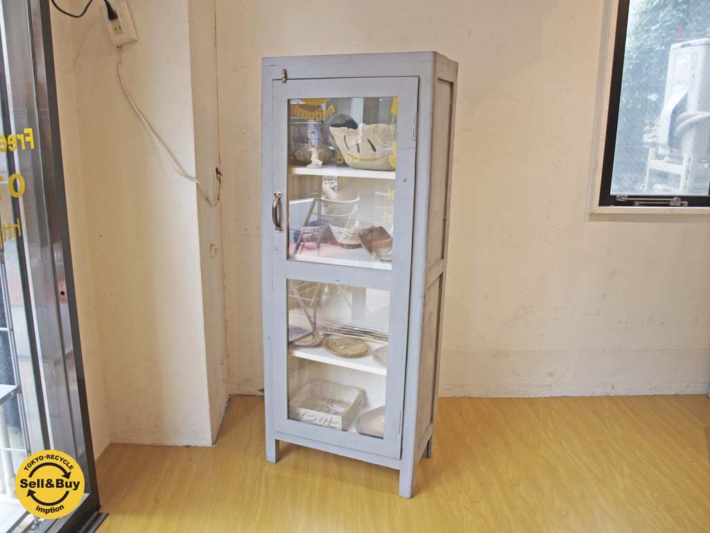 シャビーシック Shabby chic スリム ガラス キャビネット Slim galass cabinet グレーペイント ケビント ★