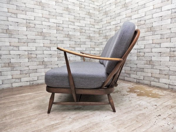 アーコール ERCOL 3人掛け ソファ ファブリックシート グレー UKビンテージ 英国家具 座面新品張替済 ●