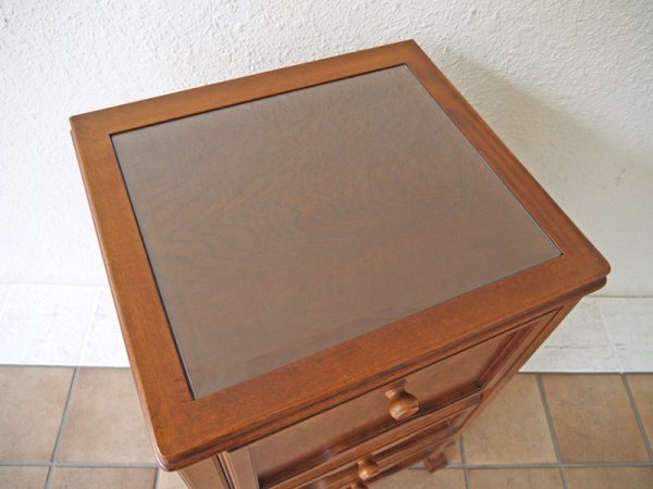 ヨーロピアン スタイル オーク材 3段 ミニチェスト ガラストップ スリム チェスト テレフォンラック 電話台 ◇
