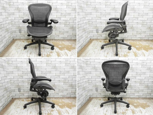 ハーマンミラー HermanMiller アーロンチェア Bサイズ ランバーサポート クラシックカーボン グラファイトカラーベース フル装備 バナナクッション新品交換済み ●