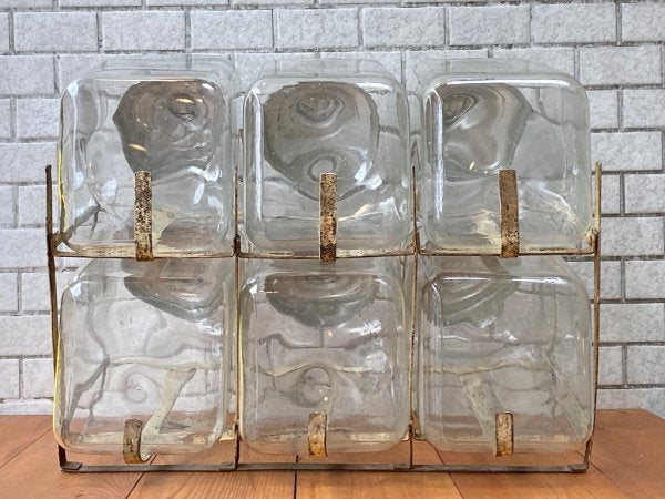 昭和レトロ 駄菓子瓶 キャニスター 6連 古ガラス×アルミ蓋 ビンテージ 希少珍品 ■