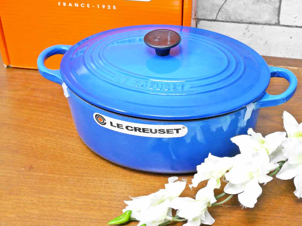 ルクルーゼ LE CREUSET ココットオーバル キャセロール Φ26cm ブルー 箱付 美品 ●