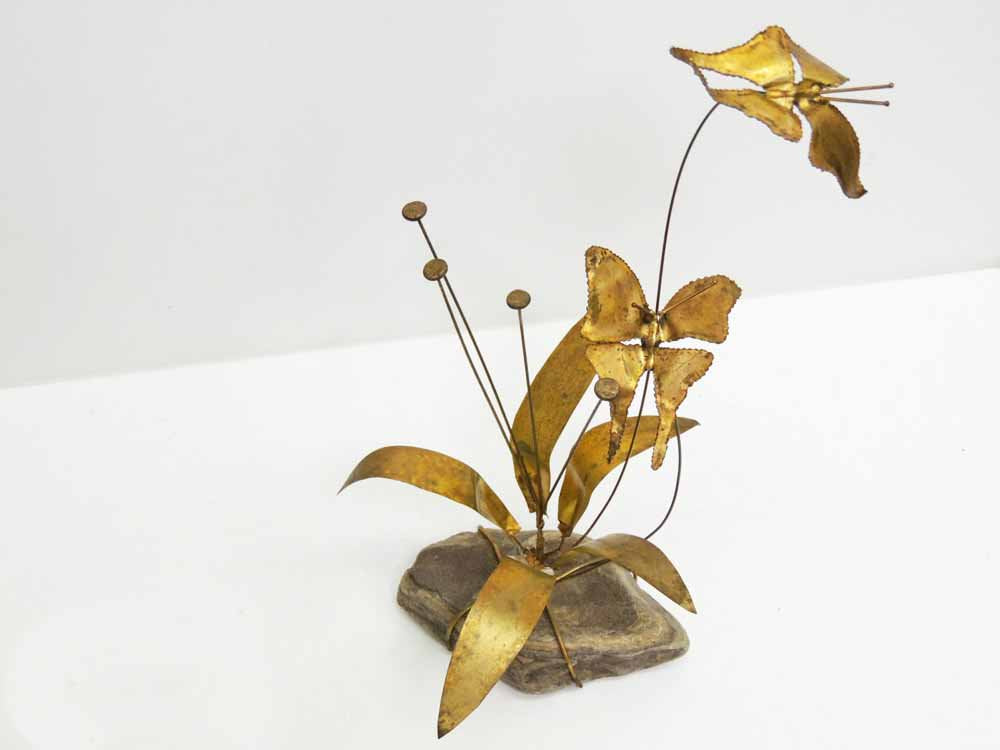 USビンテージ 真鍮 × 石 オブジェ 蝶 植物 ミッドセンチュリー ●