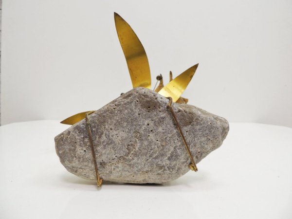 USビンテージ 真鍮 × 石 オブジェ 蝶 植物 ミッドセンチュリー ●